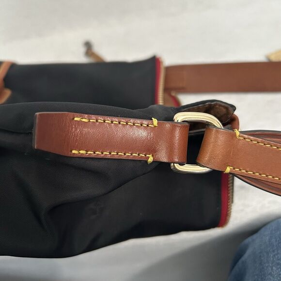 Dooney & Bourke Hobo Purse Black Nylon Cognac Leather Detail Pockets Logo Zipper - Picture 13 of 16